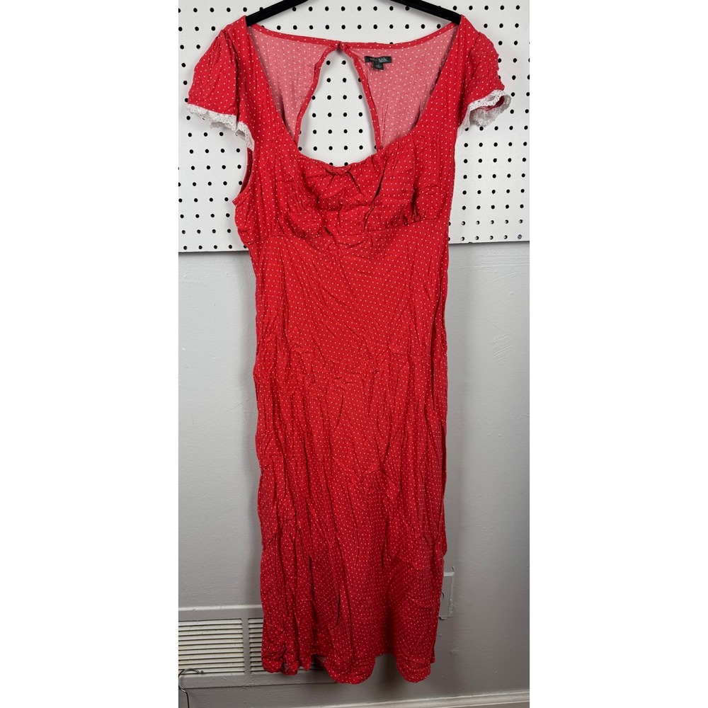 Wild Fable Red Polka Dot Midi Dress Lace Trim Puff Sleeve Keyhole Back Large
